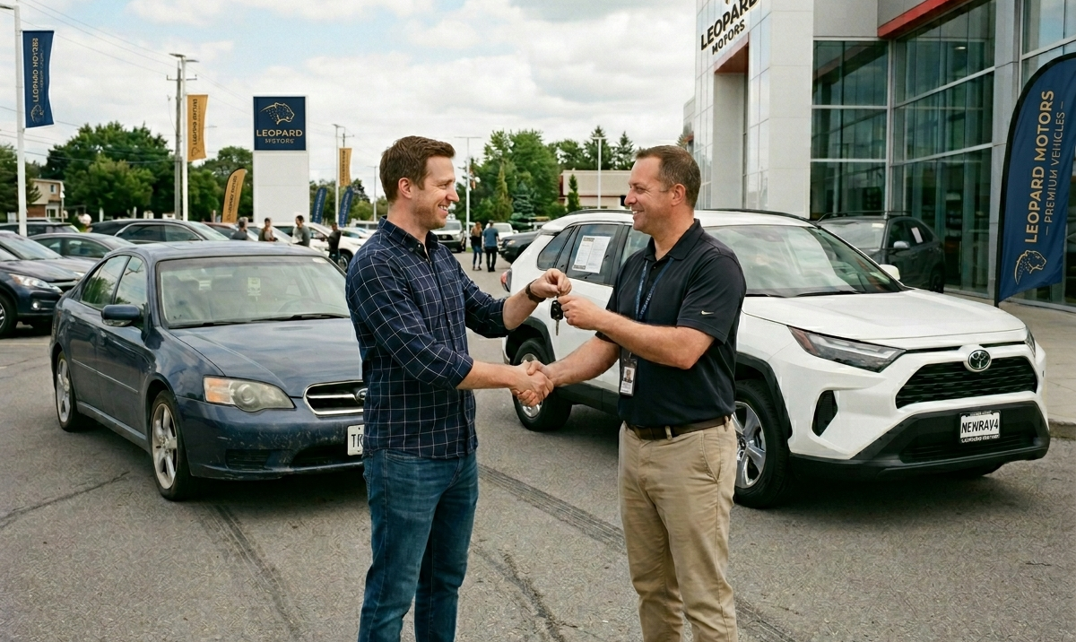 Customer receiving car keys from dealership representative